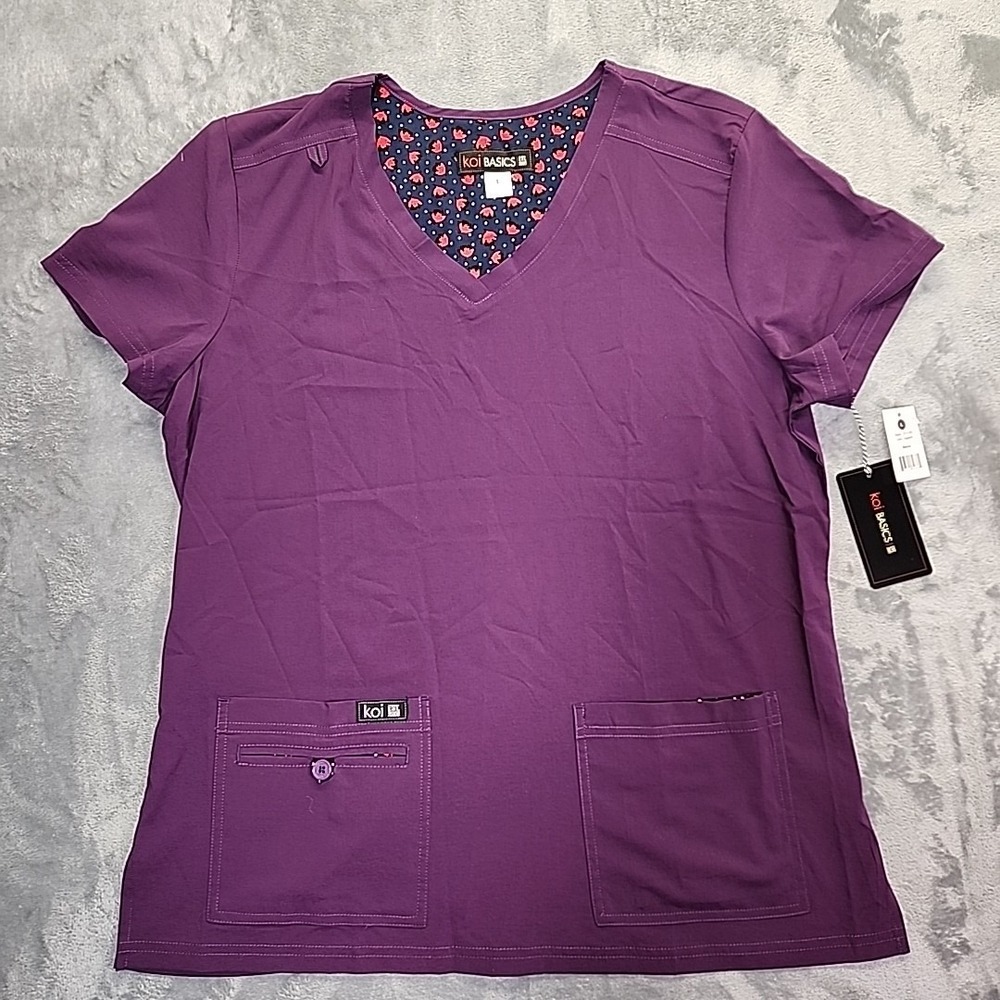 Koi Basics Women Scrub Top L Purple Becca Stretch Style #373-105 Short Sleeve